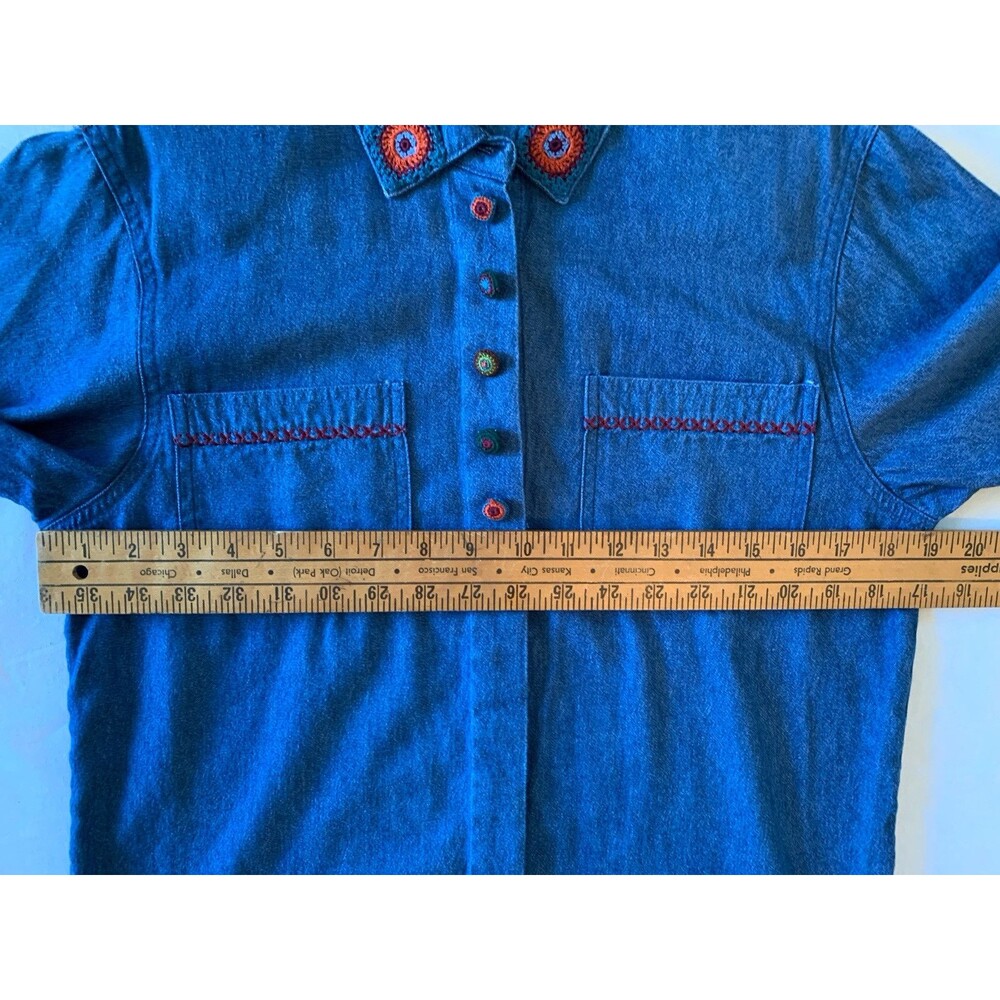 Vtg Koret Crochet Granny Square Blue Denim Button Up Shirt Size PS Boho Cottage - Picture 11 of 15